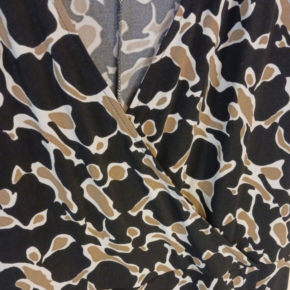 Vintage George Black, White, Tan Faux Wrap Midi Dress 4X 26W-28W Stretchy Slinky - Picture 8 of 9